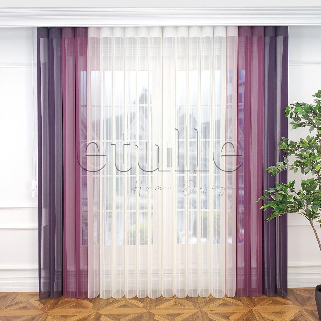 Bordeaux çizgili dikey tül perde – Sofistike çizgili modern perde modeli